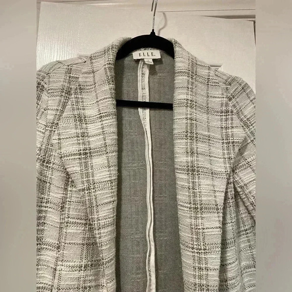 Elle Cream Black Gray Cotton Tweed Lightweight Unlined Open Front Blazer Size S - Picture 2 of 12